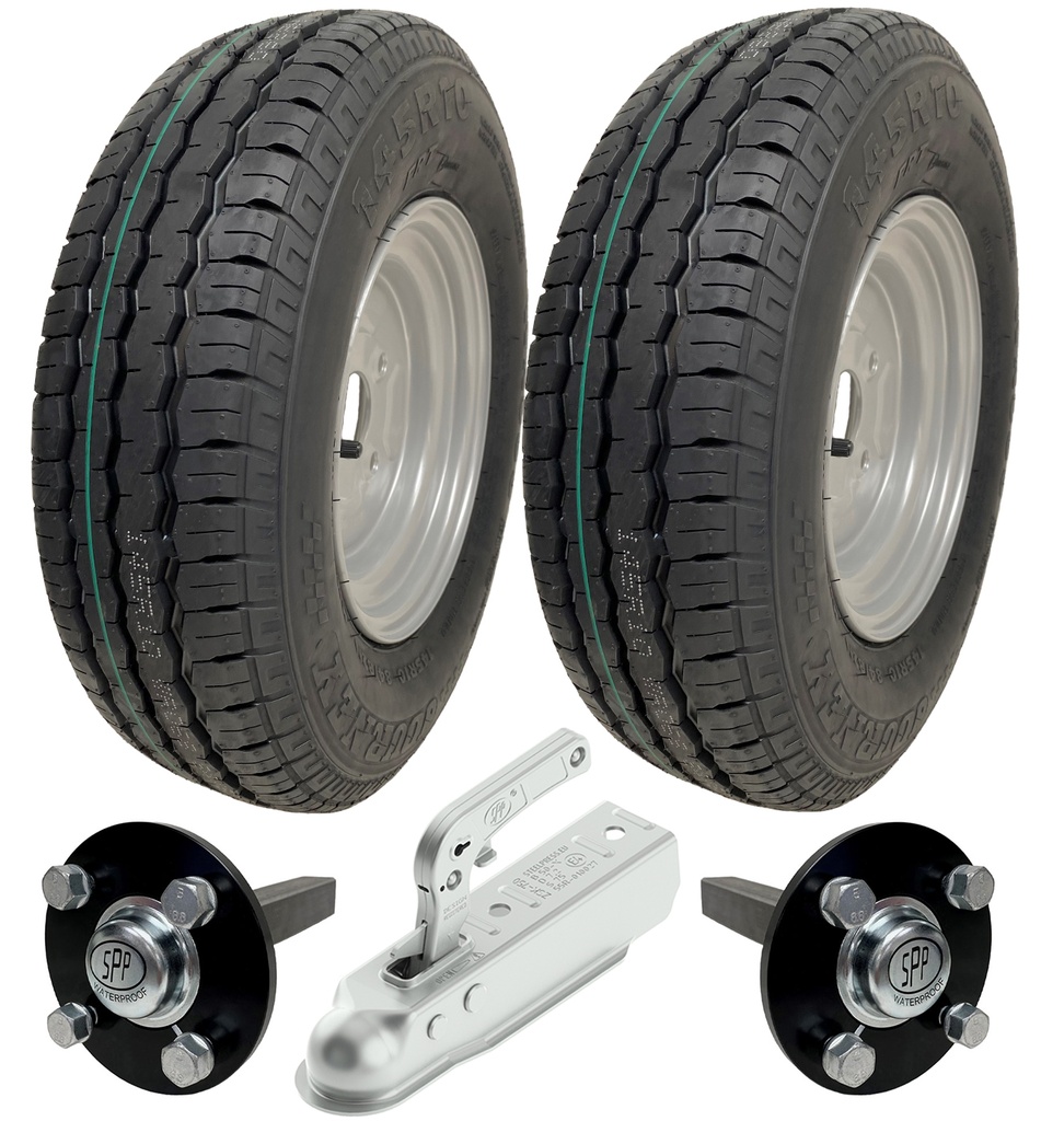 Set of 2 - 145x10 Wanda WR068 TRAILER WHEEL 4/100mm & Hub & Stub axle 4/100 M12 wheel bolt 35x35mm Hi speed & 750kg Pressed hitch