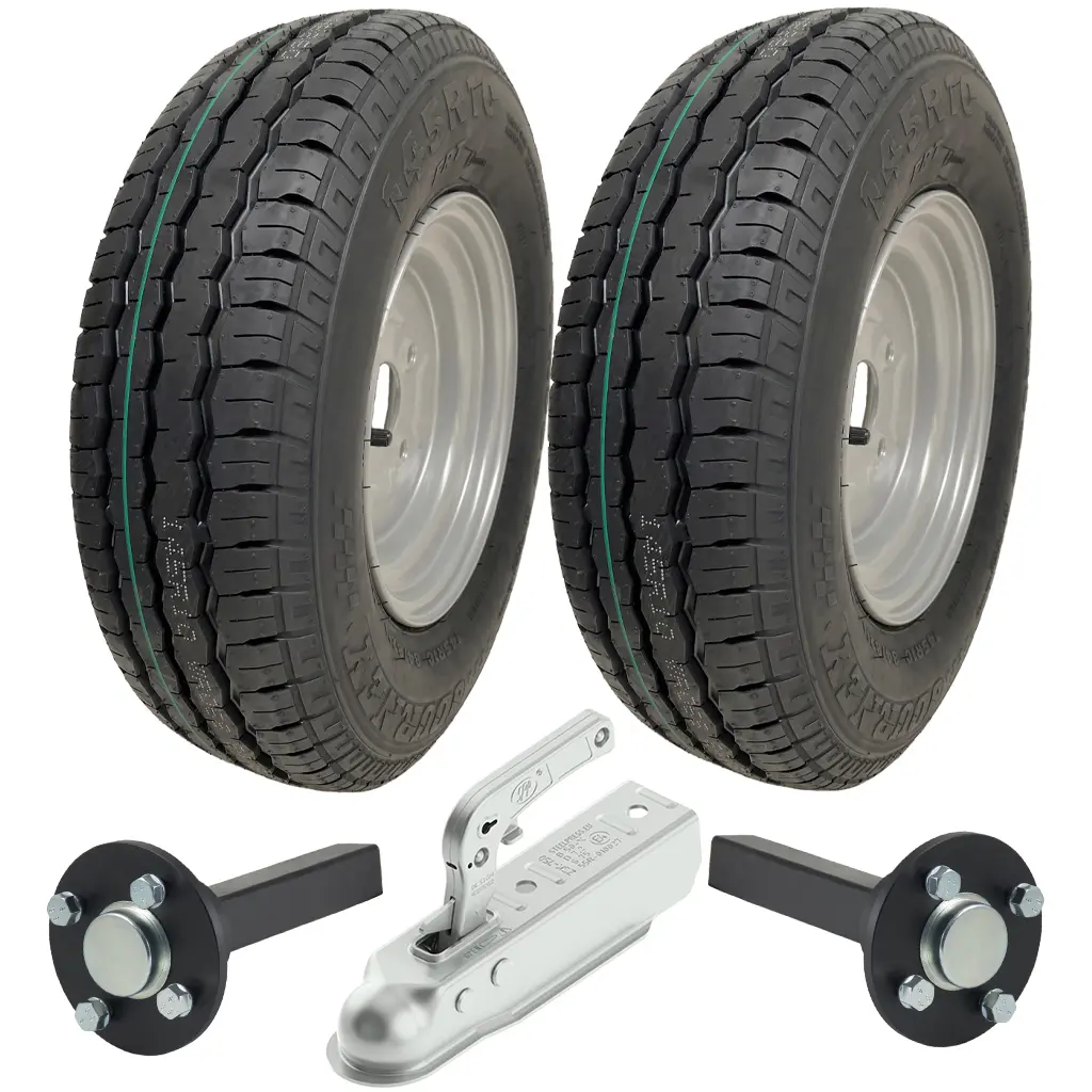 Set of 2 - 145x10 Wanda WR068 TRAILER WHEEL 4/100mm & Hub & Stub axle 4/100 M12 wheel bolt 35x35mm Hi speed & 750kg Pressed hitch