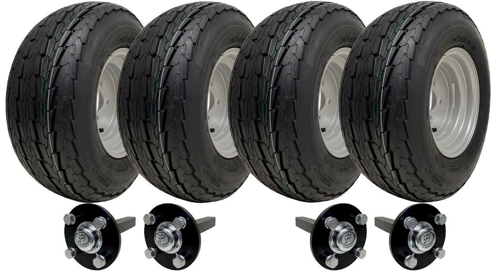 Kit of 4 - 20.5x8.00-10 4ply TRAILER WHEEL 4/100 & Hub & Stub axle 4/100 M12 wheel bolt  35x35mm Hi speed