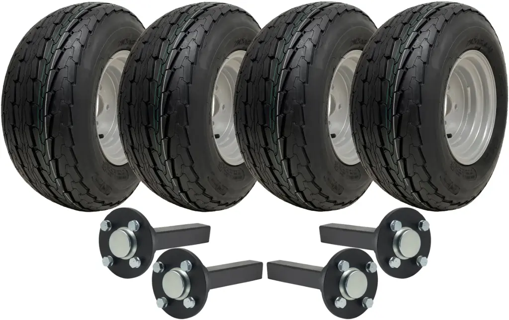 Kit of 4 - 20.5x8.00-10 4ply TRAILER WHEEL 4/100 &amp; Hub &amp; Stub axle 4/100 M12 wheel bolt  35x35mm Hi speed