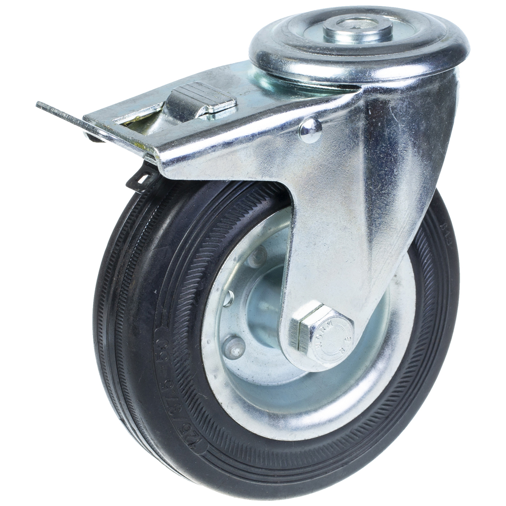 300 series 125mm swivel/brake bolt hole 12,5mm castor with black rubber on pressed steel centre roller bearing wheel 120kg
