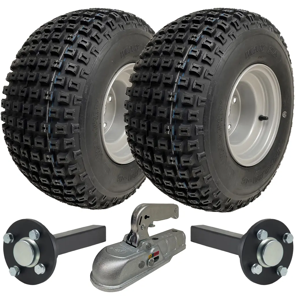 ATV Trailer Kit, 18x9.50-8 4pr P322 Knobby tyre, Hub/stub axle 35x35mm, cast hitch, 204kg load capacity