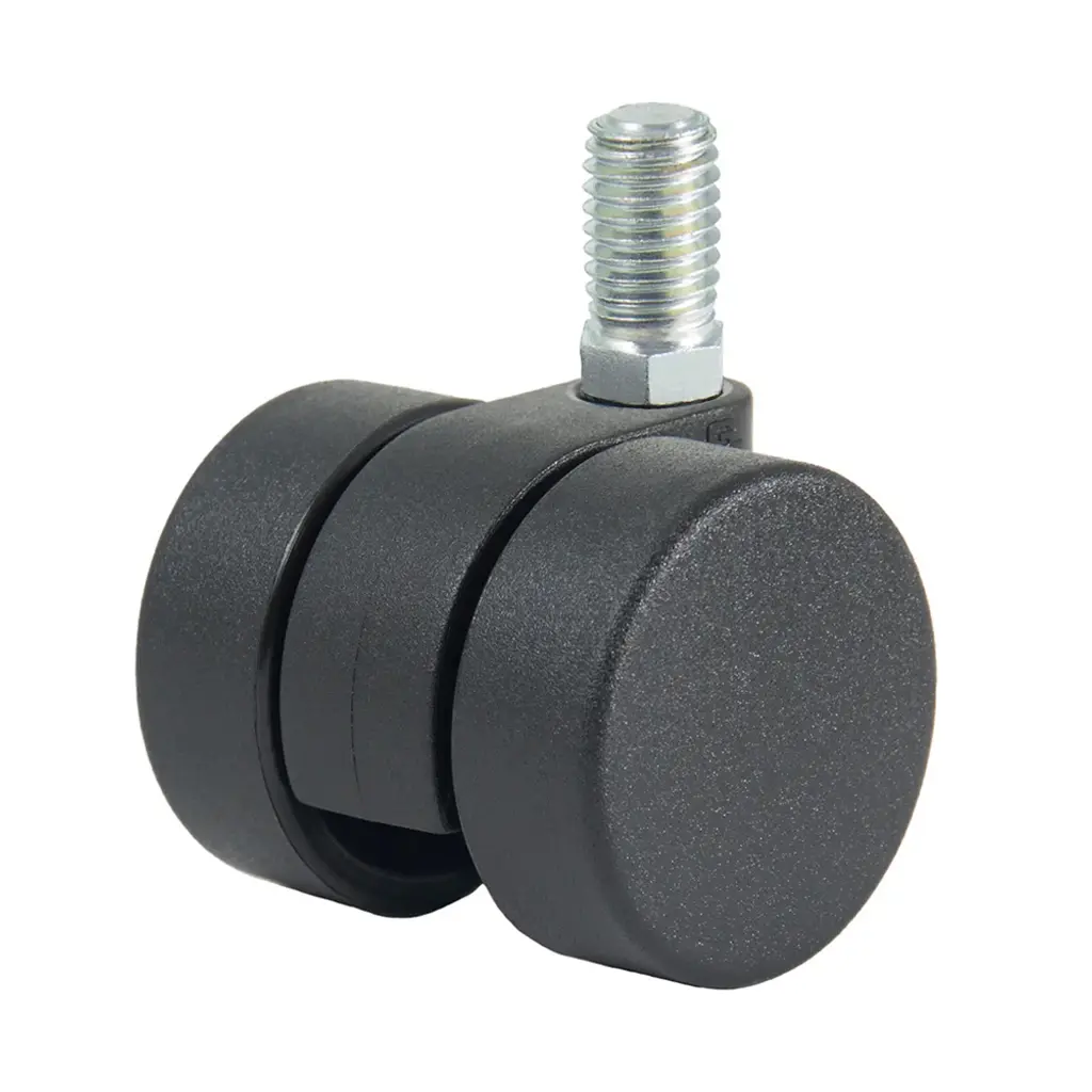 GRX38 Series 2x38mm black twin wheel swivel threaded stem M10x15mm castor with black nylon wheels 60kg