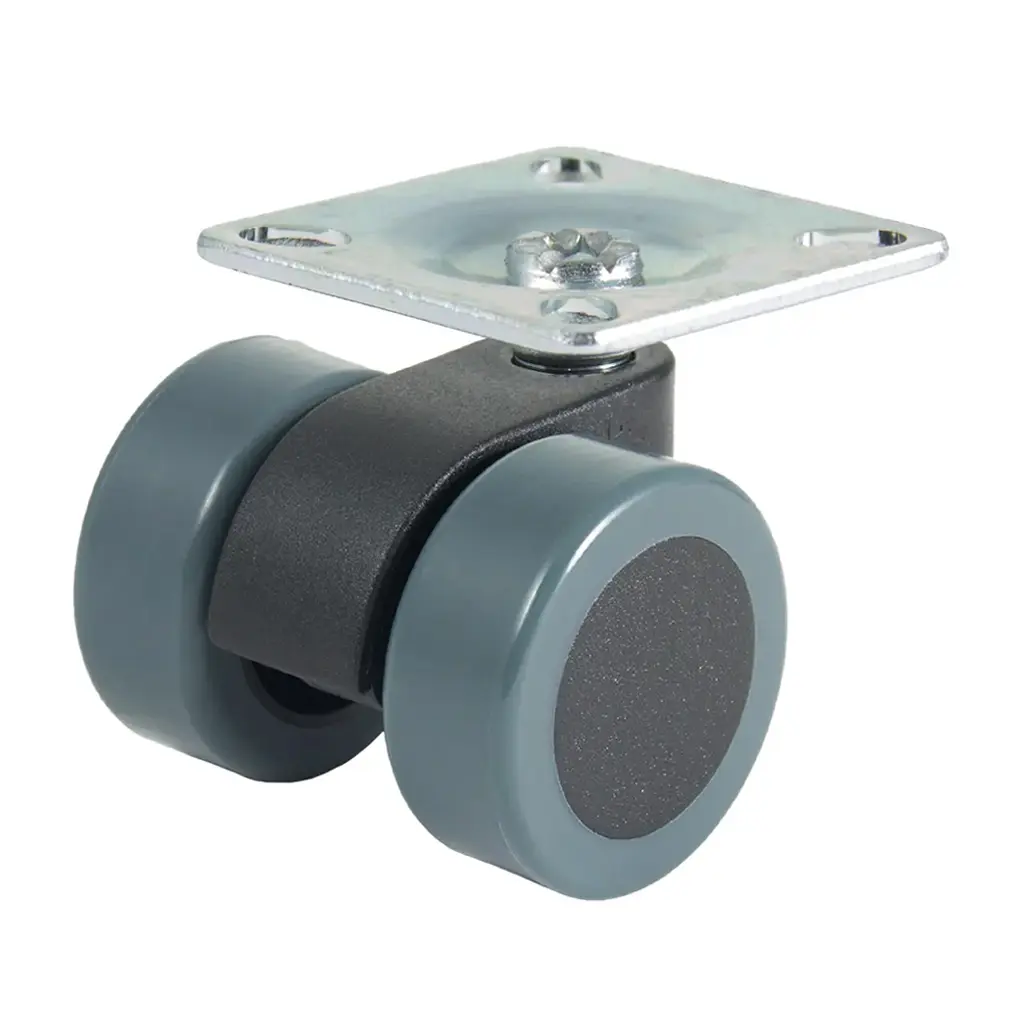 GRX30 Series 2x30mm black twin wheel swivel top plate 38x38mm castor with dark grey polyurethane tread on black nylon centre wheels 40kg