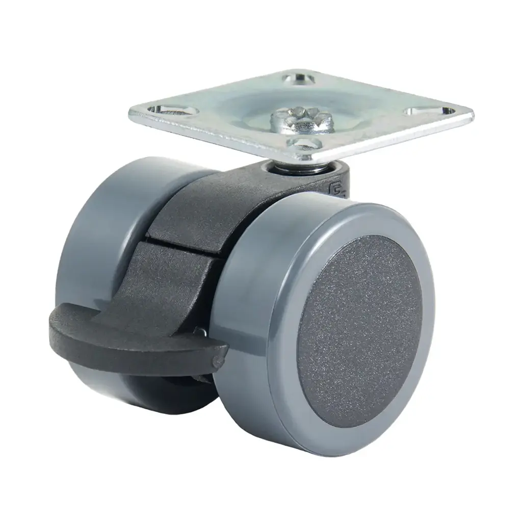 GRX38 Series 2x38mm black twin wheel swivel/brake top plate 38x38mm castor with dark grey polyurethane tread on black nylon centre wheels 50kg