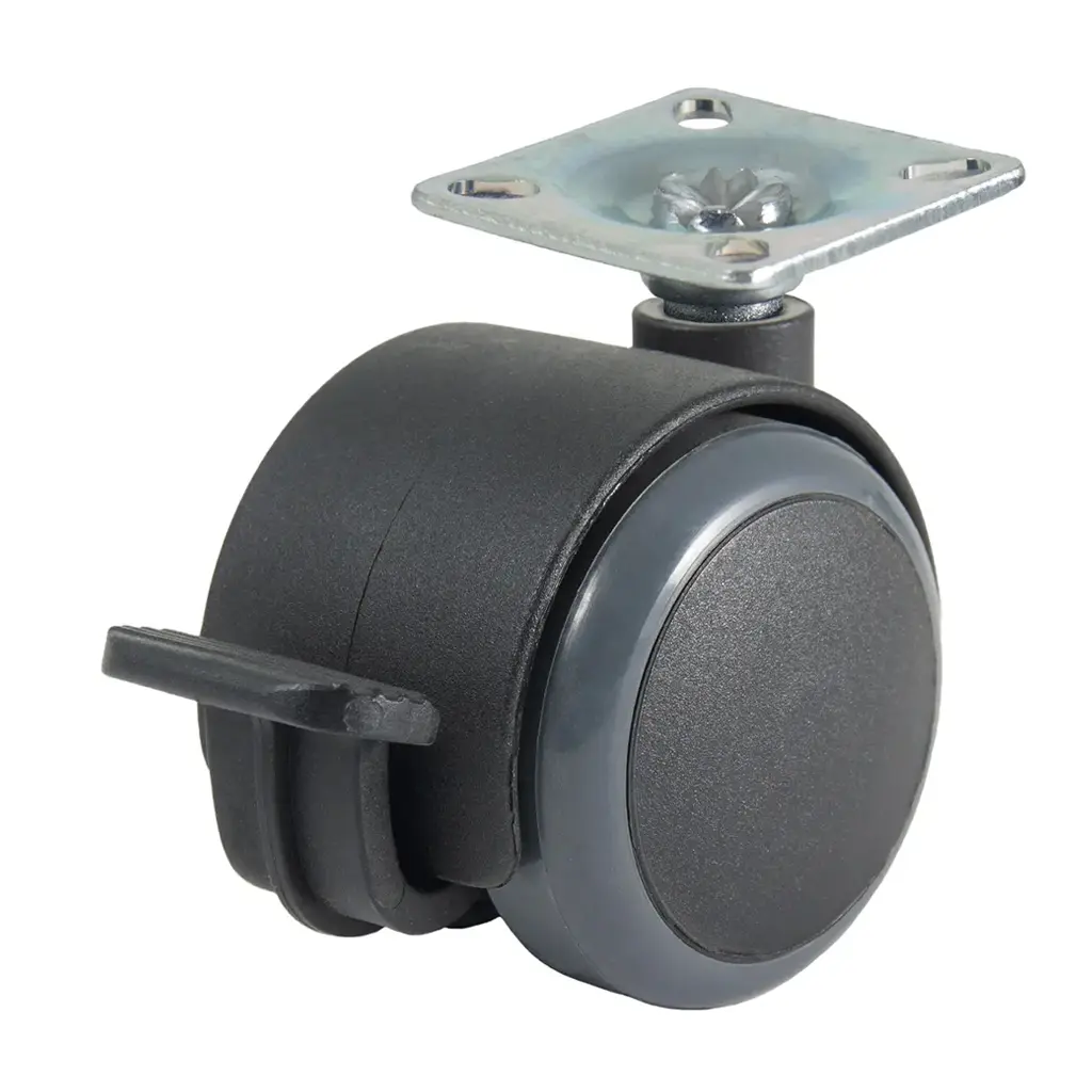 GR5016 Series 2x50mm black twin wheel swivel/brake top plate 38x38mm castor with dark grey polyurethane tread on black nylon centre wheels 50kg