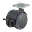 GR5016 Series 2x50mm black twin wheel swivel/brake top plate 38x38mm castor with dark grey polyurethane tread on black nylon centre wheels 50kg