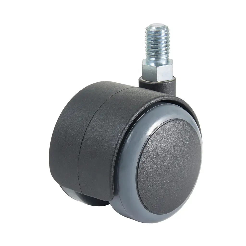 GR5016 Series 2x50mm black twin wheel swivel threaded stem M10x15mm castor with dark grey polyurethane tread on black nylon centre wheels 50kg