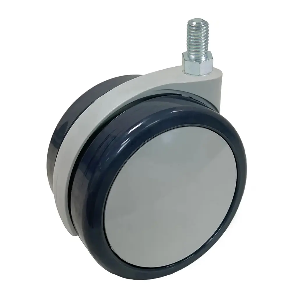 GRX7522 Series 2x75mm light grey twin wheel swivel threaded stem M10x15mm castor with dark grey polyurethane tread on light grey nylon centre wheels 75kg