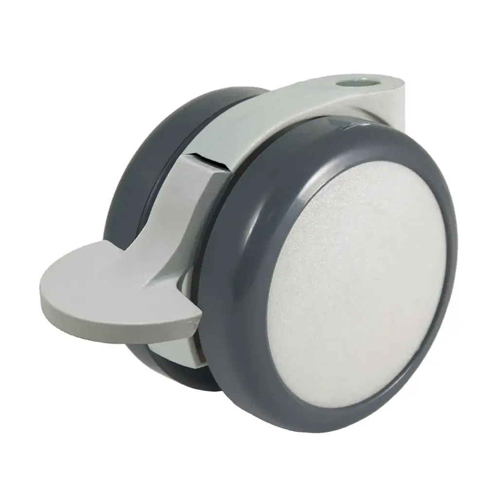 GRX6518 Series 2x65mm light grey twin wheel castor with foot brake, no fitting, dark grey polyurethane tread on light grey nylon centre wheels
