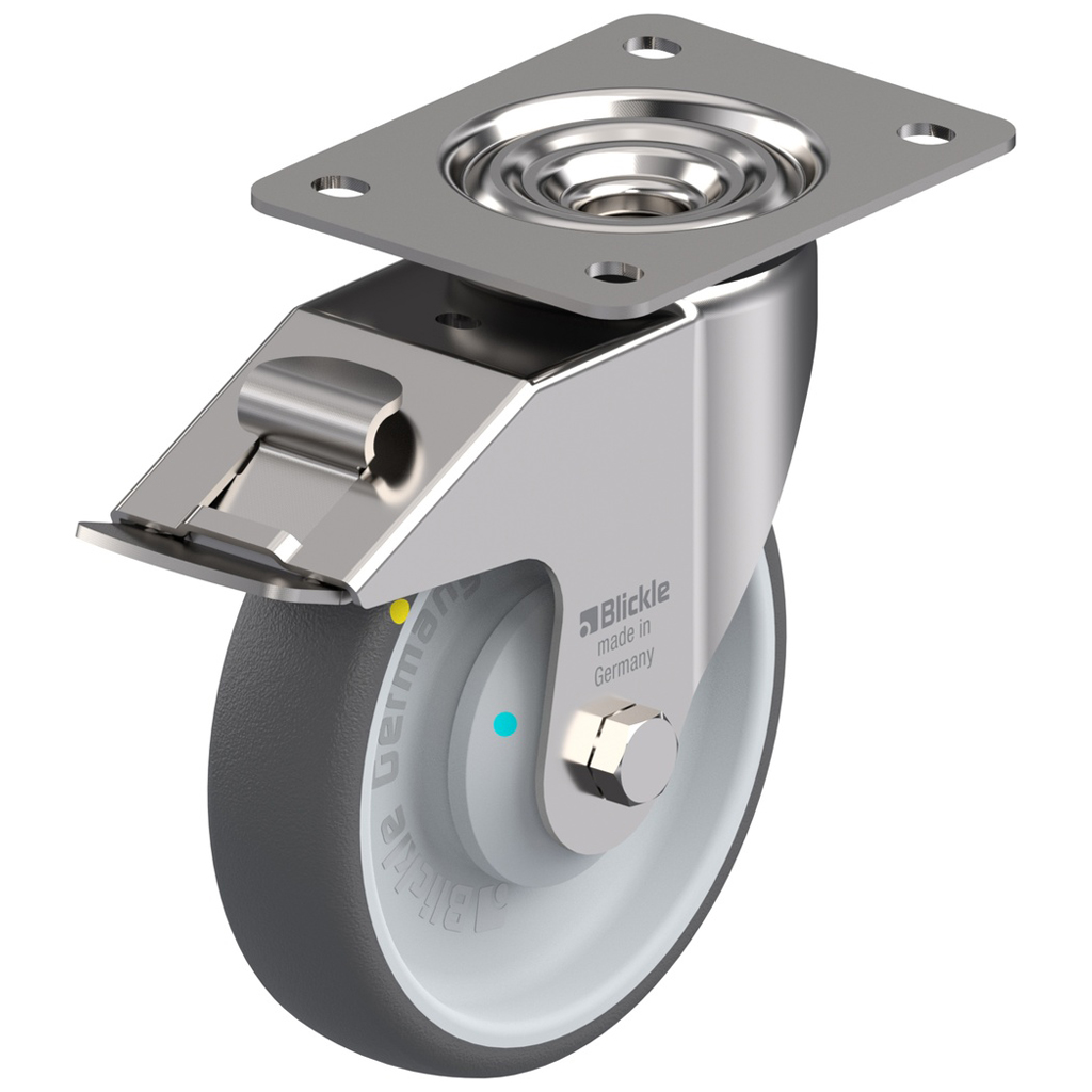 300SS series 160mm stainless steel swivel/brake top plate 140x110mm castor with PATH electrically conductive grey polyurethane on nylon centre additional sealed single ball bearing wheel 260kg