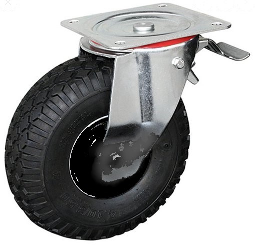 HXP series 3.00x4 swivel/brake top plate 200x160mm castor with black puncture proof block patterned PU-foam tyre on black plastic centre roller bearing wheel 150kg