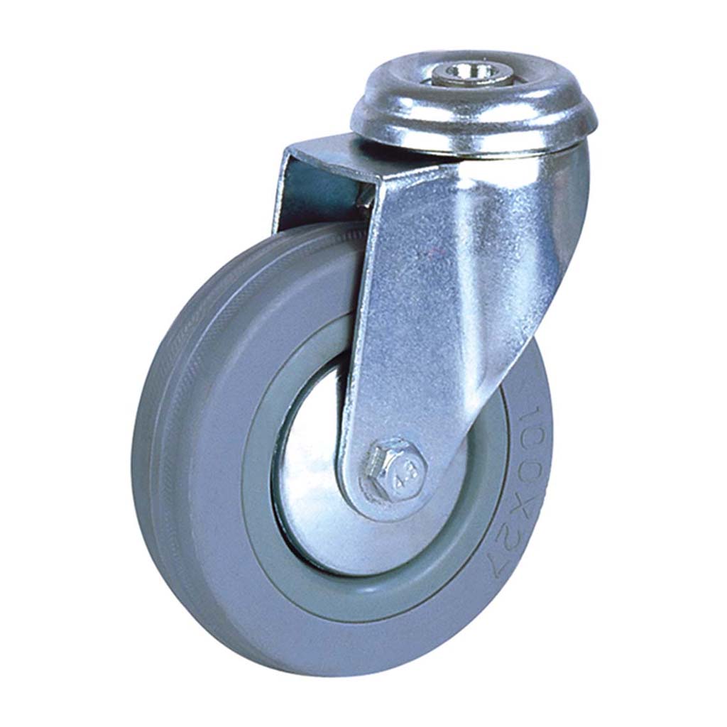 100 series 100mm swivel bolt hole 10mm castor with grey rubber on polypropylene centre plain bearing wheel 70kg
