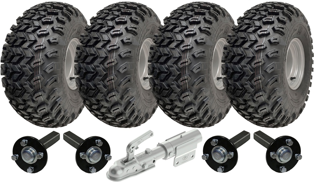 Kit of 4 - 22x11.00-8 4pr Wanda P334 Utility tyre E-marked TL on silver steel rim 4/100/60 & Hub & Stub axle M12 wheel bolt 40x40mm square & SPP Swivel hitch (off-road use)