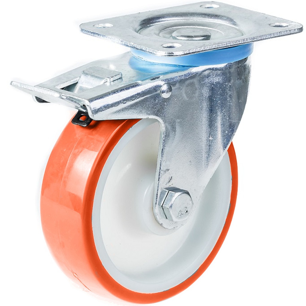 322 series 125mm swivel/brake top plate 106x86mm castor with orange polyurethane on nylon centre roller bearing wheel 250kg