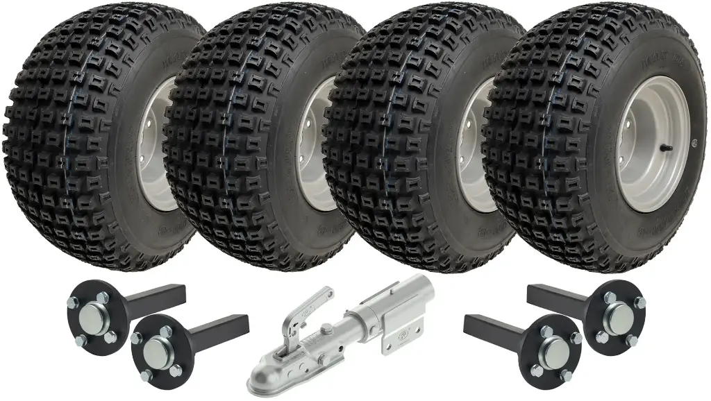Set of 4 - 18x9.50-8 4ply P322 KNOBBY WHEEL 4/100 & Hub & Stub axle 4/100 M12 wheel bolt  35x35mm & swivel hitch