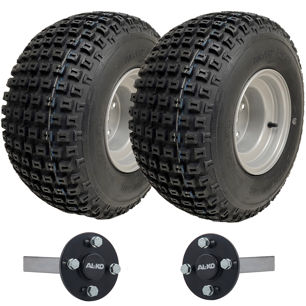 Set of 2 - 18x9.50-8 4ply P322 KNOBBY WHEEL 4/100 & Hub & Stub axle 4/100 M12 wheel bolt  35x35mm Hi speed (ALKO)