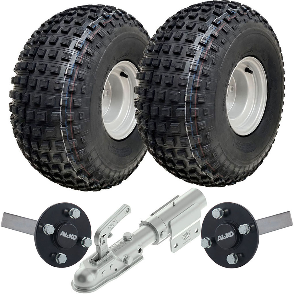 Set of 2 - 22x11.00-8 4ply WANDA P323 KNOBBY WHEEL 4/100 & Hub & Stub axle 4/100 M12 wheel bolt  35x35mm Hi speed with a SPP Swivel hitch 1700kg (off-road use) (ALKO)