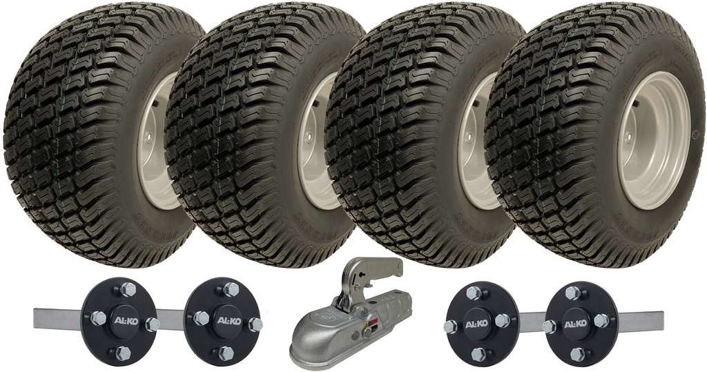 Set of 4 - 18x8.50-8 4ply Wanda P332 on 4/100 & Hub & Stub axle 4/100 M12 wheel bolt 35x35mm Hi speed with a SPP 3000kg cast coupling (ALKO)
