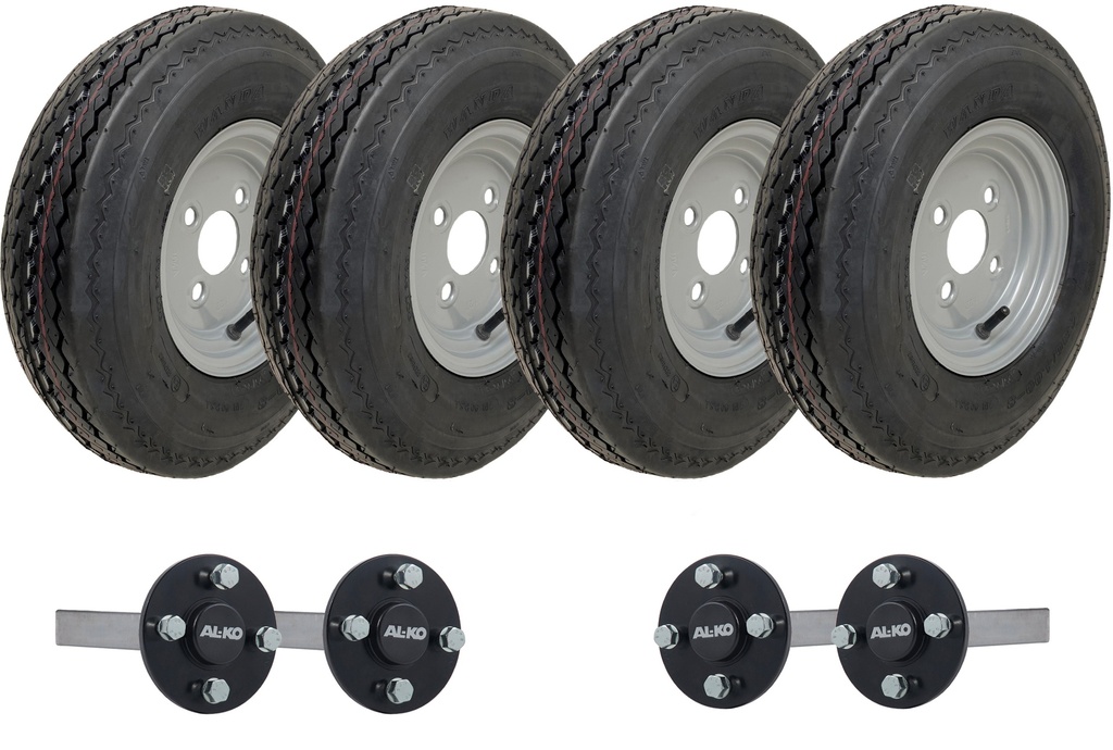 Set of 4 - 4.00-8 6ply P811 Trailer Wheel 4/100mm & Hubs & Stubs Axle 4/100 M12 wheel bolts 35x35mm Hi speed (ALKO)