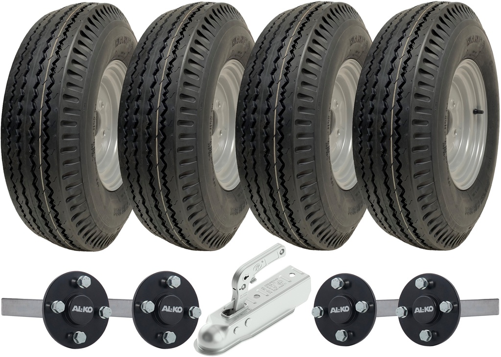 Set of 2 - 5.00-10 4ply WANDA P802 TRAILER WHEEL 4/100 & Hub & Stub axle 4/100 M12 wheel bolt  35x35mm Hi speed SPP 750kg Pressed hitch (ALKO)