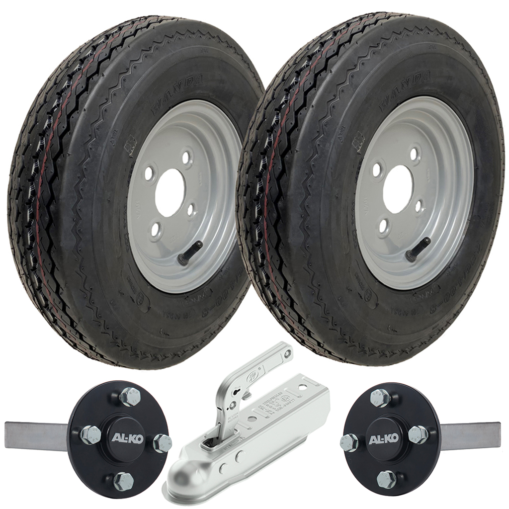 Set of 2 - 4.00-8 6ply P811 Trailer Wheel 4/100mm & Hub & Stub axle 4/100 M12 wheel bolt  35x35mm Hi speed(Alko) & SPP 750kg Pressed Hitch