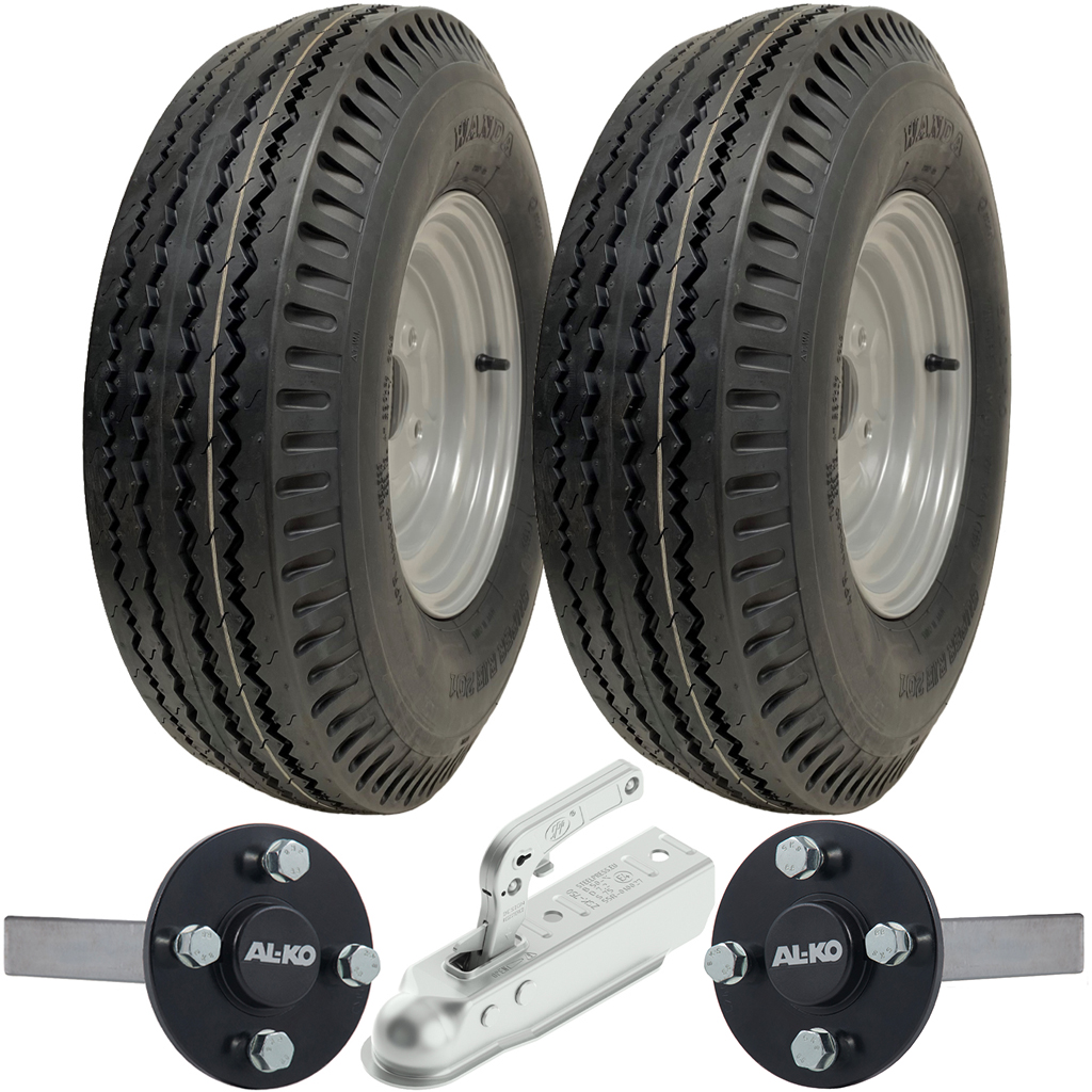 Set of 4 - 5.00-10 4ply WANDA P802 TRAILER WHEEL 4/100 & Hub & Stub axle 4/100 M12 wheel bolt  35x35mm Hi speed(ALKO) with SPP 750kg Pressed hitch