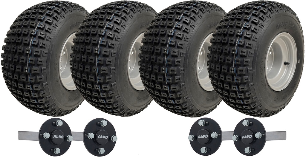 Set of 4 - 18x9.50-8 4ply P322 KNOBBY WHEEL 4/100 & Hub & Stub axle 4/100 M12 wheel bolt  35x35mm(Alko)
