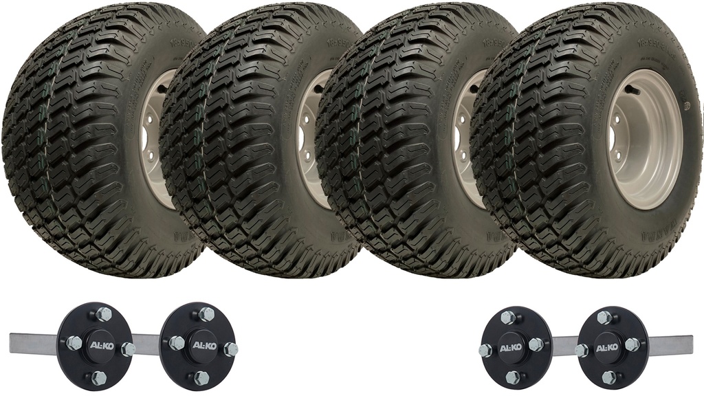 Set of 4 - 18x9.50-8 6ply Wanda P332 grass tyre on 4/100mm RIM & Hub & Stub axle 4/100 M12 wheel bolt  35x35mm(Alko)