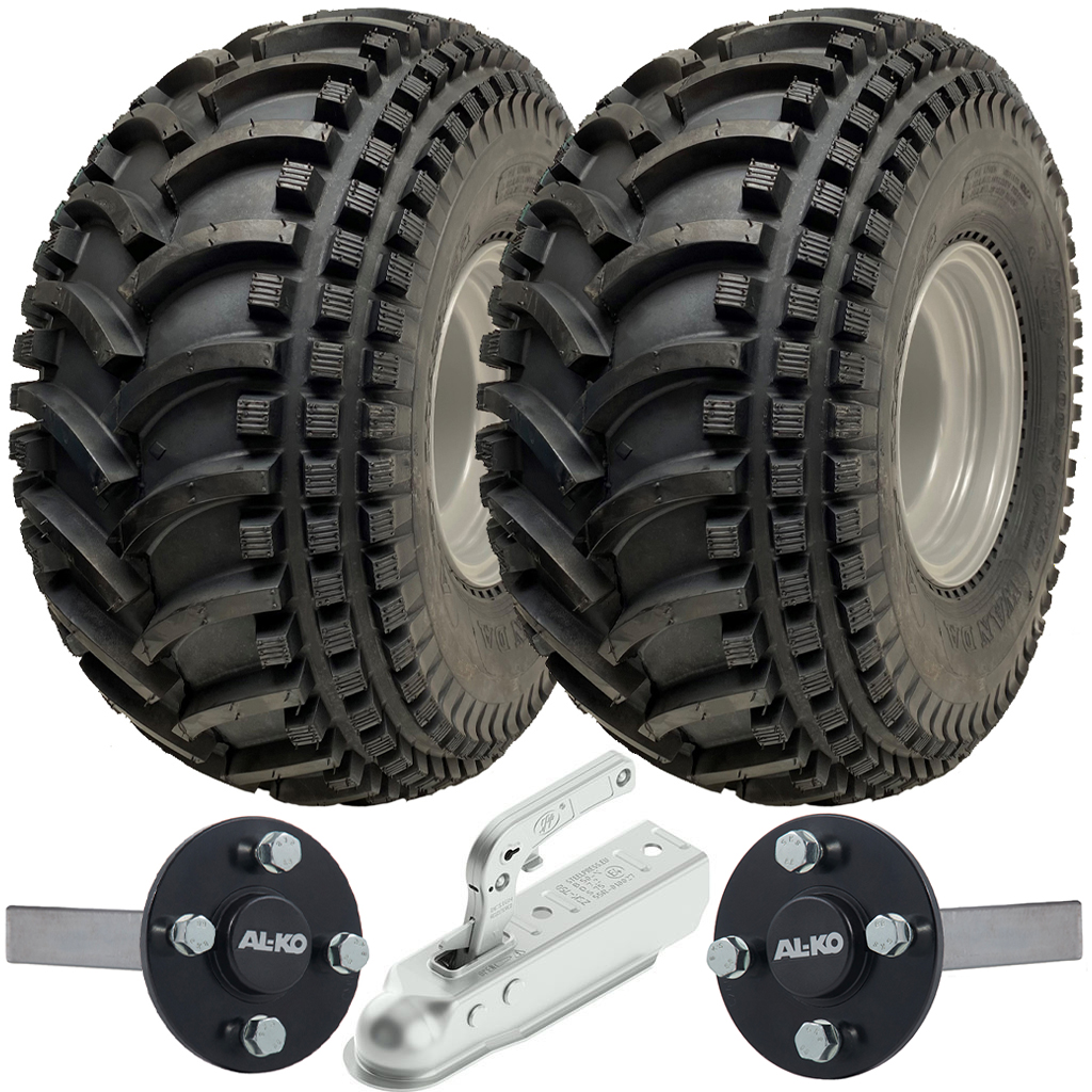 Kit of 2 - 22x11.00-8 P308 ATV tyre on 4/100mm Rim & Hub & Stub axle 4/100 M12 wheel bolt 35x35mm hub & stub & 750kg Pressed hitch(Alko)