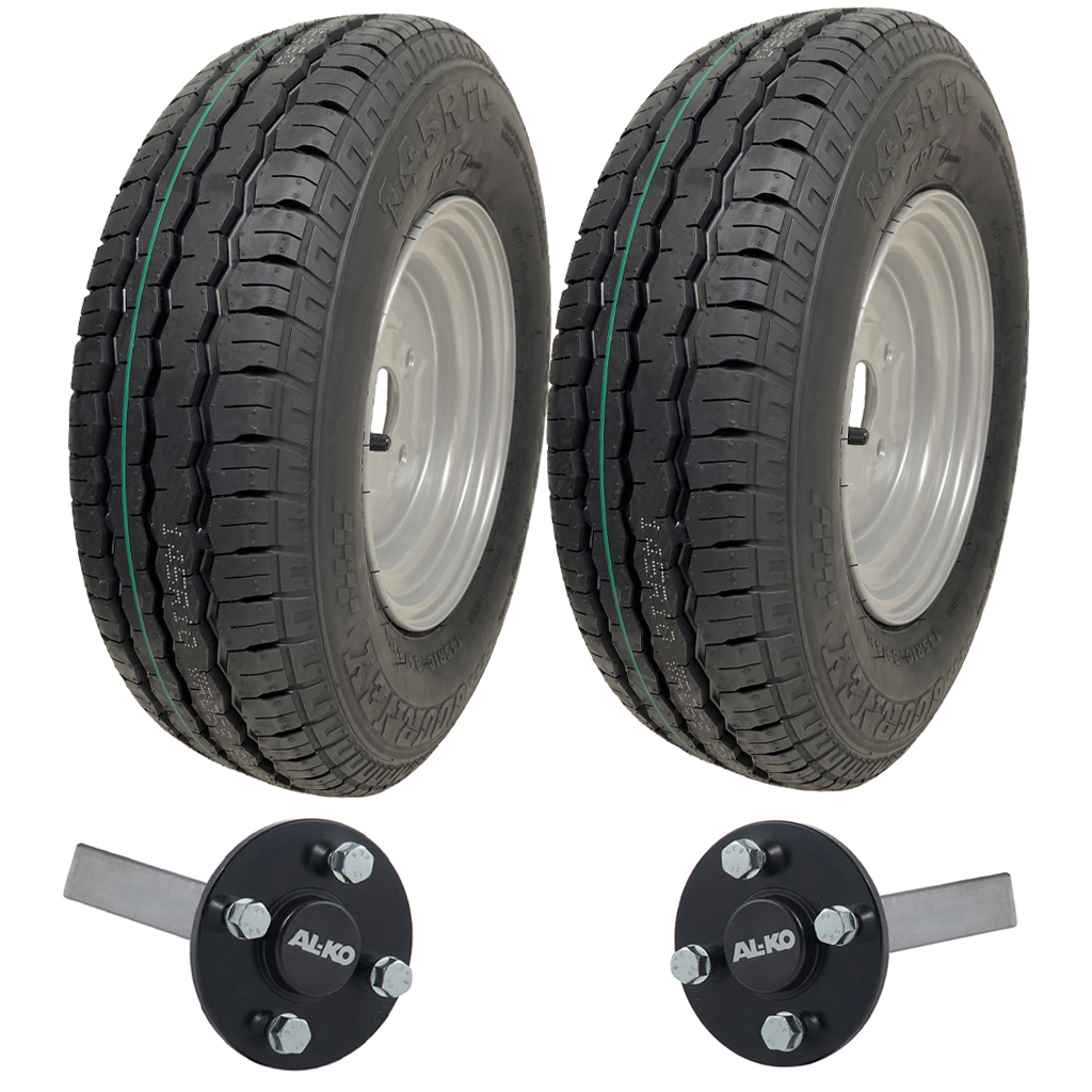 Set of 2 - 145x10 Wanda WR068 TRAILER WHEEL 4/100mm & Hub & Stub axle 4/100 M12 wheel bolt  35x35mm Hi speed(ALKO)