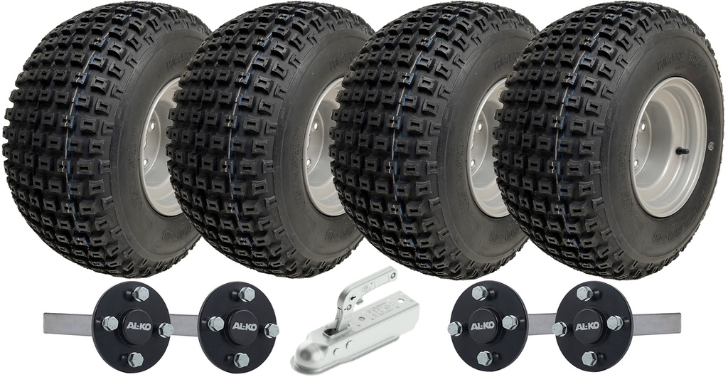 Set of 4 - 18x9.50-8 4ply P322 KNOBBY WHEEL 4/100 & Hub & Stub axle 4/100 M12 wheel bolt  35x35mm(Alko) & SPP 750kg Pressed hitch