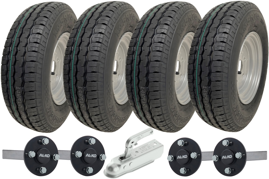Set of 4 - 145x10 Wanda WR068 TRAILER WHEEL 4/100mm & Hub & Stub axle 4/100 M12 wheel bolt 35x35mm Hi speed(Alko) & 750kg Pressed hitch