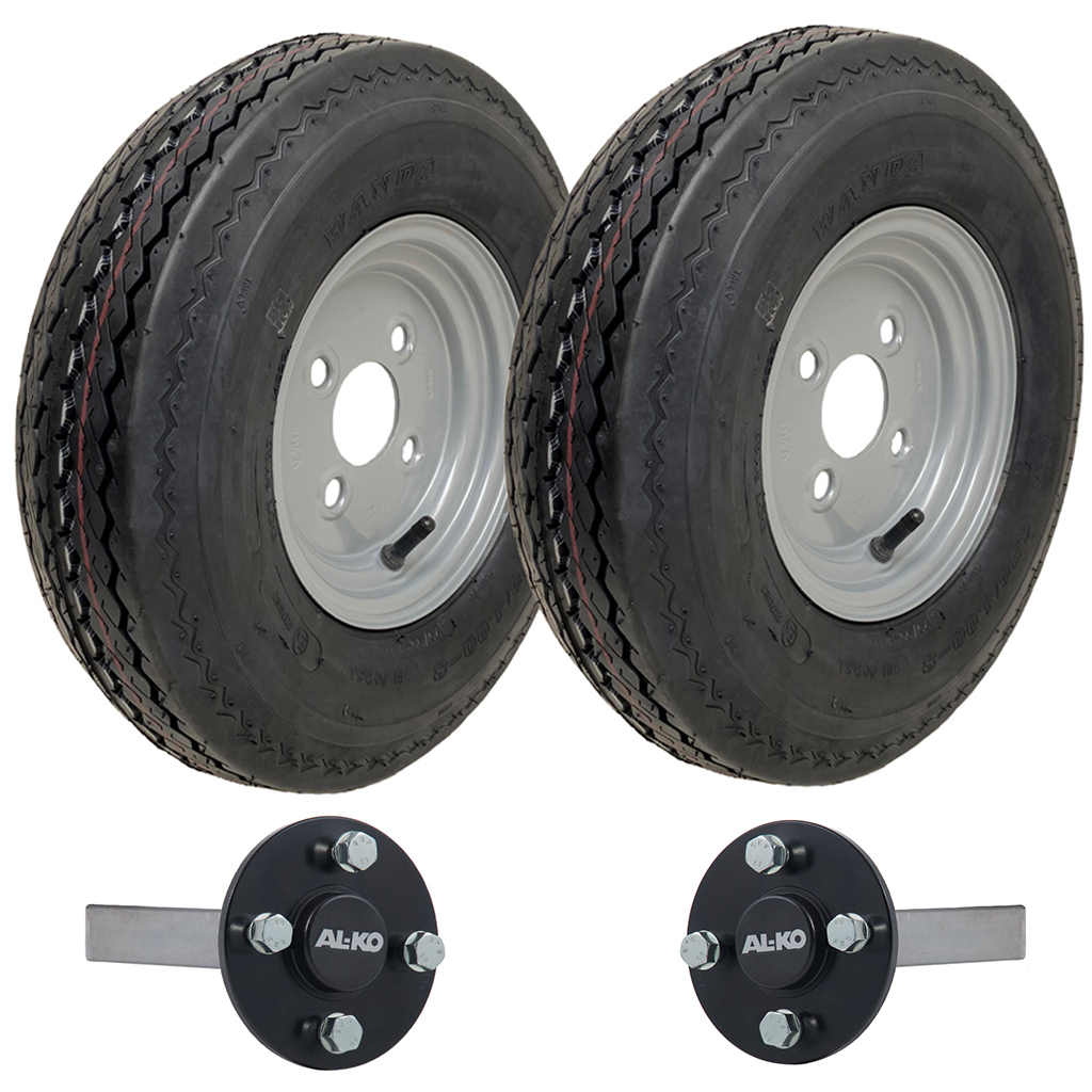 Set of 2 - 4.00-8 6ply P811 Trailer Wheel 4/100mm & Hub & Stub axle 4/100 M12 wheel bolt  35x35mm Hi speed(Alko)