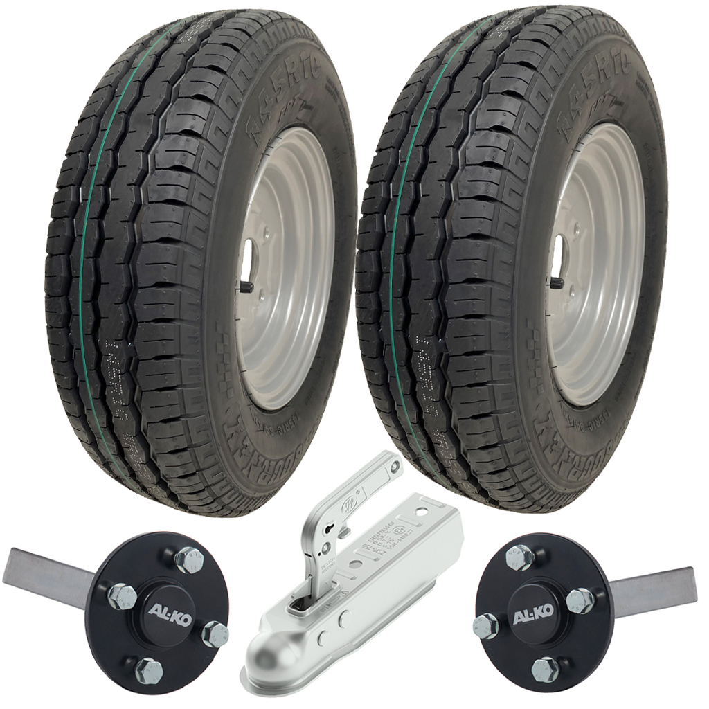Set of 2 - 145x10 Wanda WR068 TRAILER WHEEL 4/100mm & Hub & Stub axle 4/100 M12 wheel bolt 35x35mm Hi speed(Alko) & SPP 750kg Pressed hitch