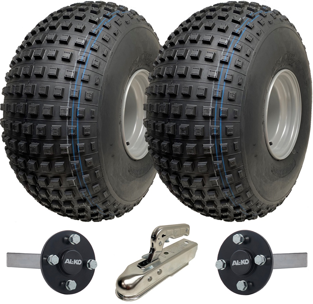 ATV Trailer Kit, 25x12.00-9 4pr P318 Knobby tyre, Hub/stub axle 35x35mm (Alko), pressed hitch, 390kg load capacity