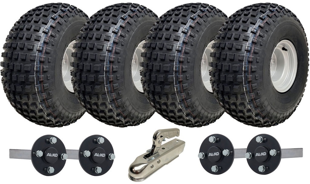 Twin axle ATV Trailer Kit, 22x11.00-8 4pr P323 Knobby tyre, Hub/stub axle 35x35mm (Alko), pressed hitch, 620kg load capacity