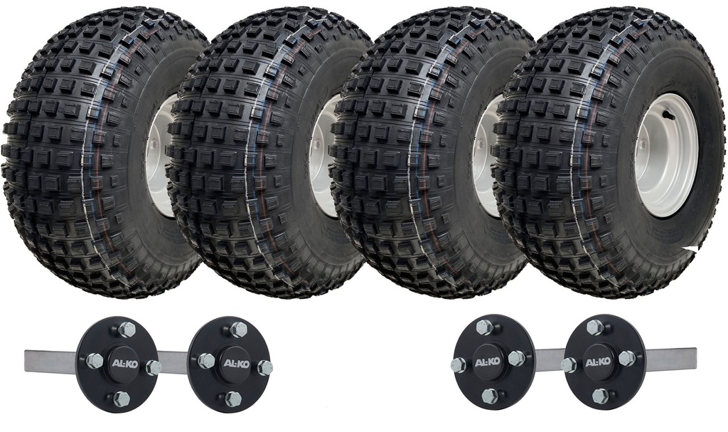 Twin axle ATV Trailer Kit, 22x11.00-8 4pr P323 Knobby tyre, Hub/stub axle 35x35mm (Alko), no hitch, 620kg load capacity