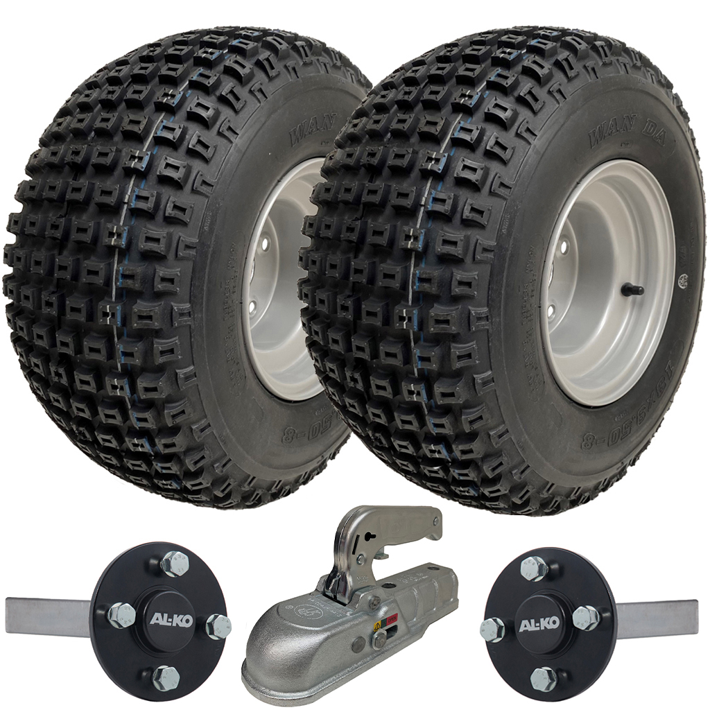 ATV Trailer Kit, 18x9.50-8 4pr P322 Knobby tyre, Hub/stub axle 35x35mm(Alko), cast hitch, 204kg load capacity