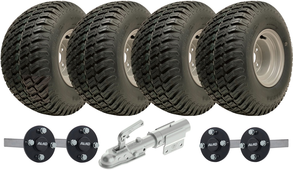 Set of 4 - 18x9.50-8 4ply P322 KNOBBY WHEEL 4/100 & Hub & Stub axle 4/100 M12 wheel bolt 35x35mm (Alko) & swivel hitch