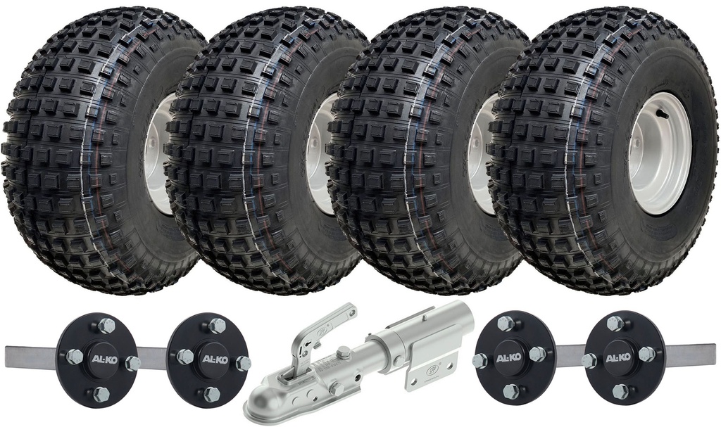 ATV Trailer Kit, 4x (22x11.00-8 4pr P323 Knobby tyre, Hub/stub axle 35x35mm (ALKO),1x swivel hitch (off road use), 600kg load capacity