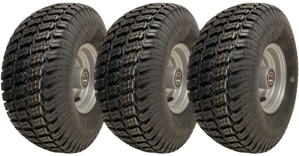 Set of 3 - 15x6.00-6 4pr Journey P332 grass tyre E-marked on steel rim 20mm ball bearing 65mm hub length