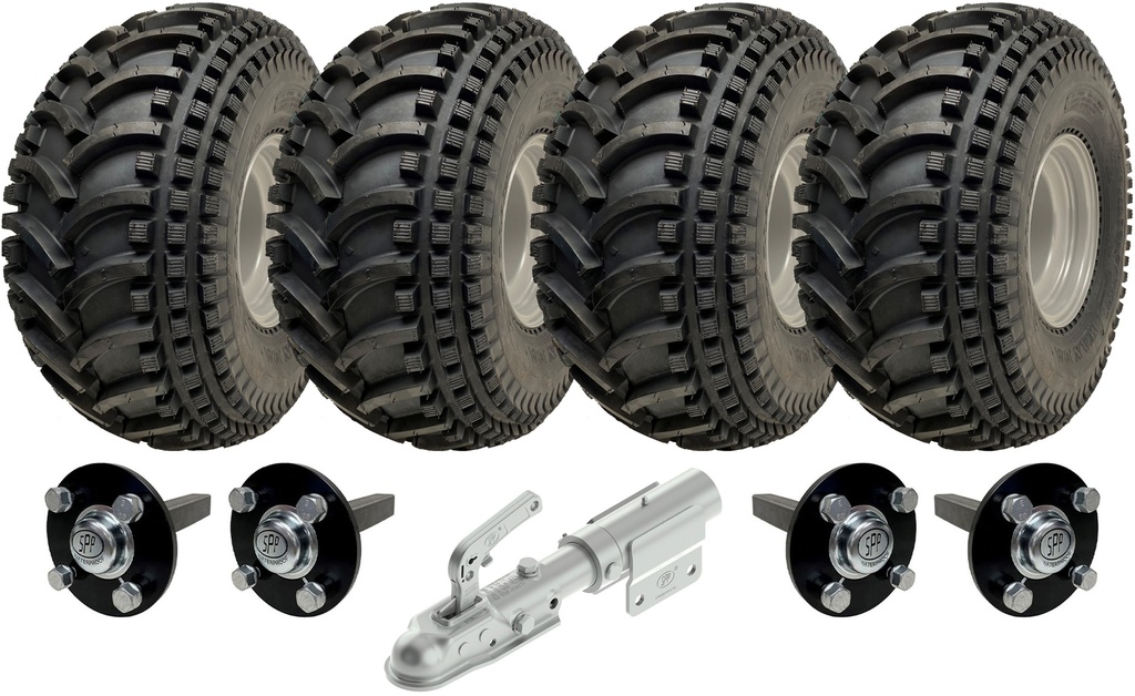 ATV Trailer Kit, 4x (22x11.00-8 4pr P308 ATV tyre, Hub/stub axle 35x35mm,1x swivel hitch (off road use), 600kg load capacity