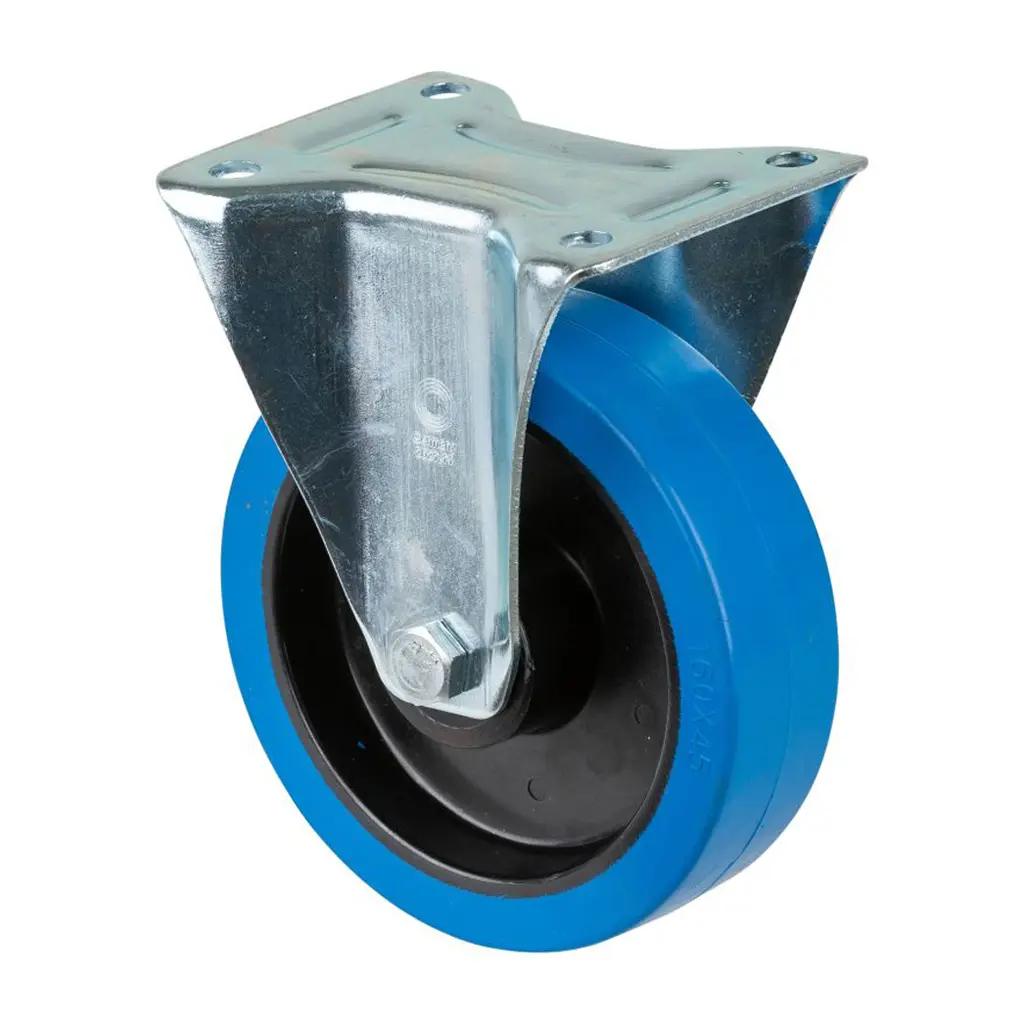 L410.B61.160 160mm fixed top plate 135x110mm castor with blue elastic rubber on polypropylene centre roller bearing wheel 300kg