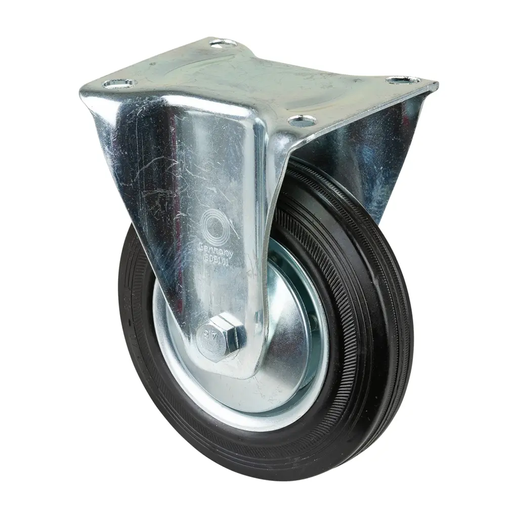 L410.B55.161 160mm fixed top plate 135x110mm castor with black rubber on pressed steel centre and tread guards roller bearing wheel 135kg