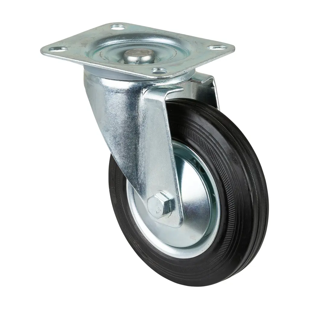 L400.B55.161 160mm swivel top plate 135x110mm castor with black rubber on pressed steel centre and thread guards roller bearing wheel 135kg