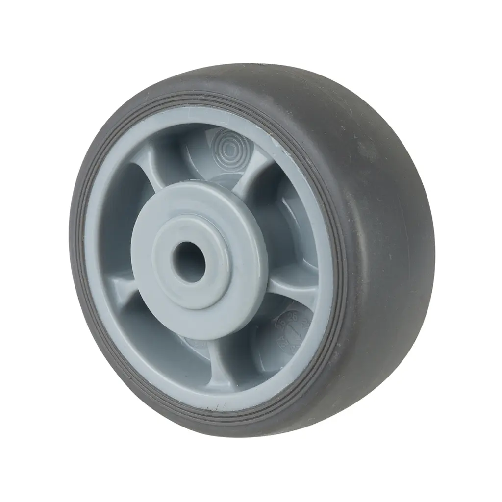 A85.084 Wheel series 80mm grey thermoplastic rubber on polypropylene centre 8mm bore hub length 40mm single ball bearing 100kg