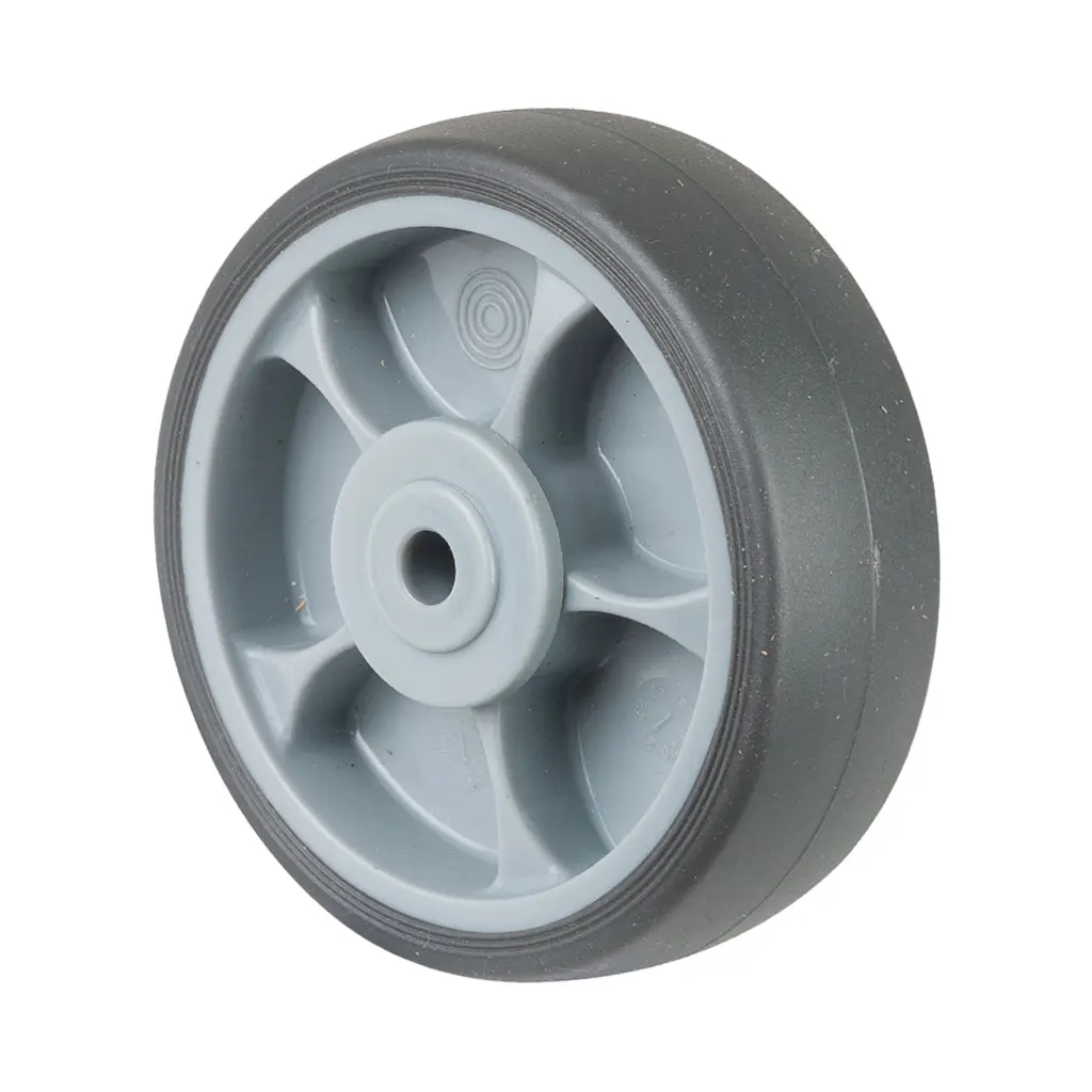 A85.104 Wheel series 100mm grey thermoplastic rubber on polypropylene centre 8mm bore hub length 40mm single ball bearing 110kg