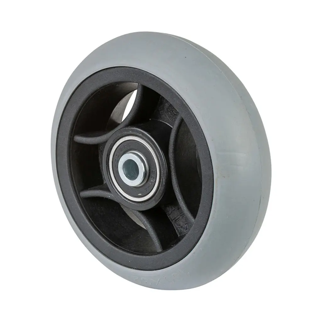 A86.100 Wheel series 100mm grey rubber on polypropylene centre 8mm bore hub length 36mm ball bearings 35kg