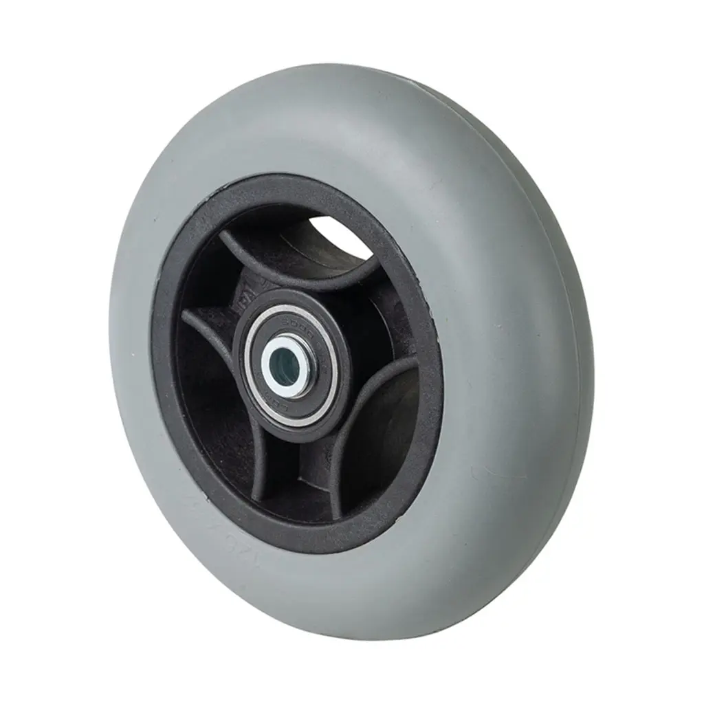 A86.126 Wheel series 125mm grey rubber on polypropylene centre 8mm bore hub length 36mm ball bearings 35kg